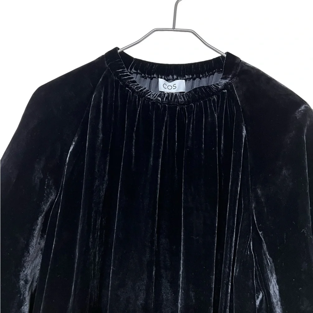 COS NWT black gathered velvet silk blend midi dress statement sleeve minimalist - Picture 6 of 13